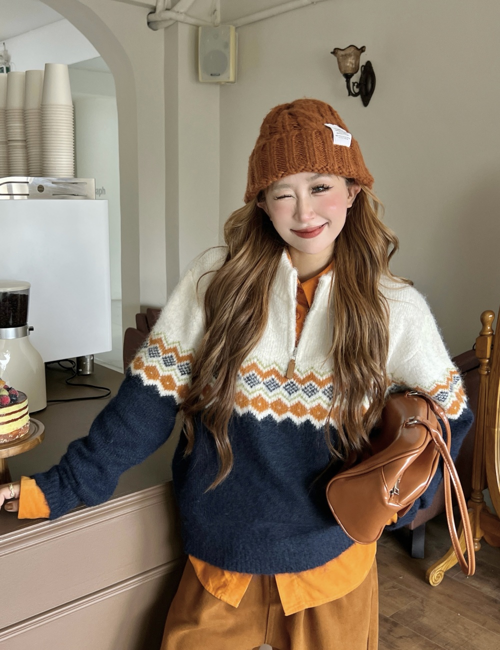 Jacquard knitted mixed colors pullover zip sweater