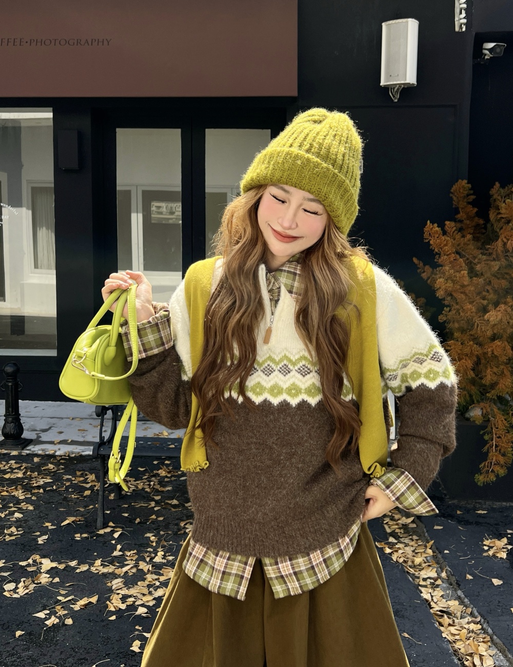 Jacquard knitted mixed colors pullover zip sweater