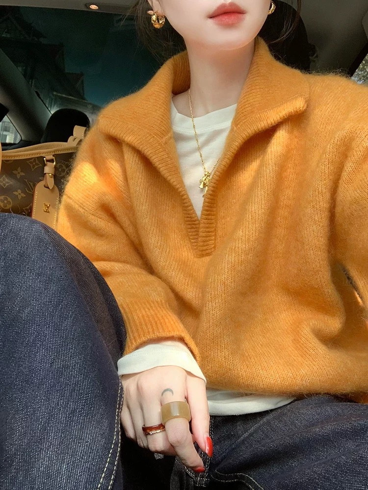 Lapel simple tops Korean style sweater for women