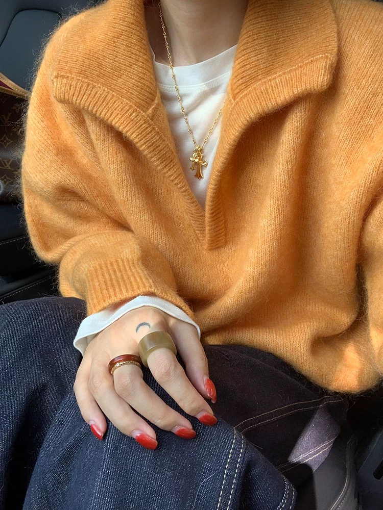 Lapel simple tops Korean style sweater for women