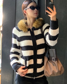 Winter hooded cardigan knitted stripe coat for women