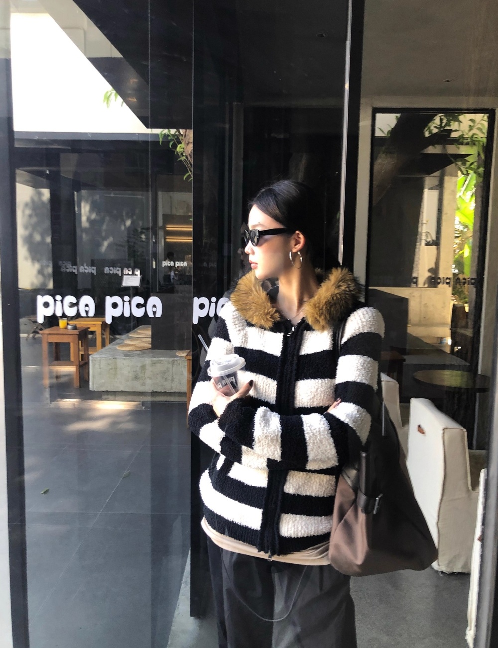 Winter hooded cardigan knitted stripe coat for women