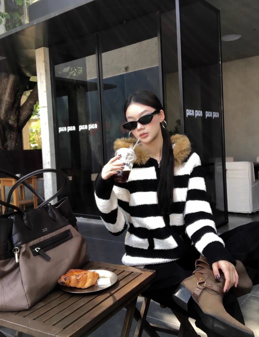 Winter hooded cardigan knitted stripe coat for women