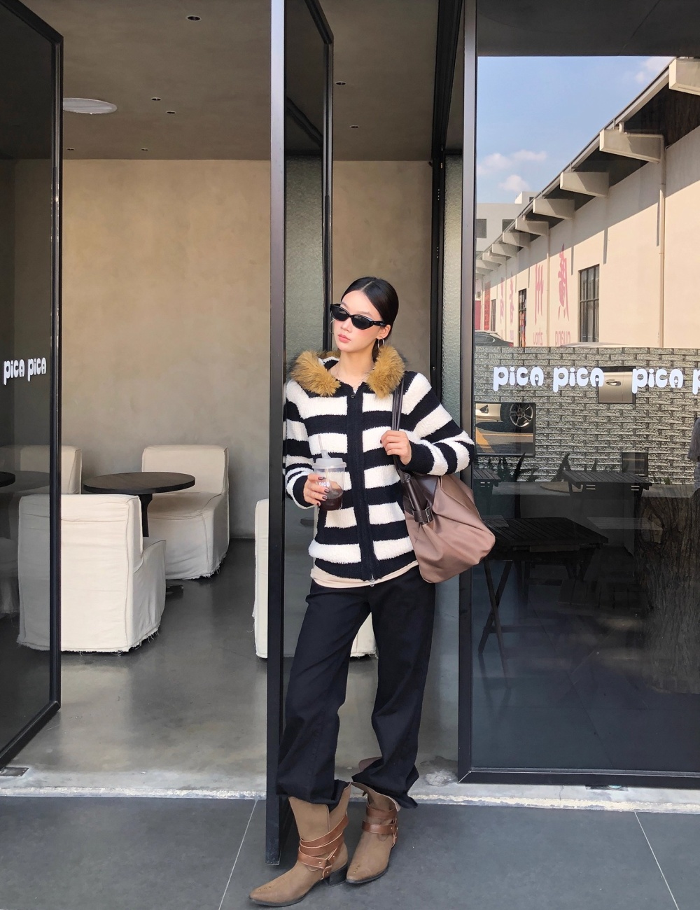 Winter hooded cardigan knitted stripe coat for women