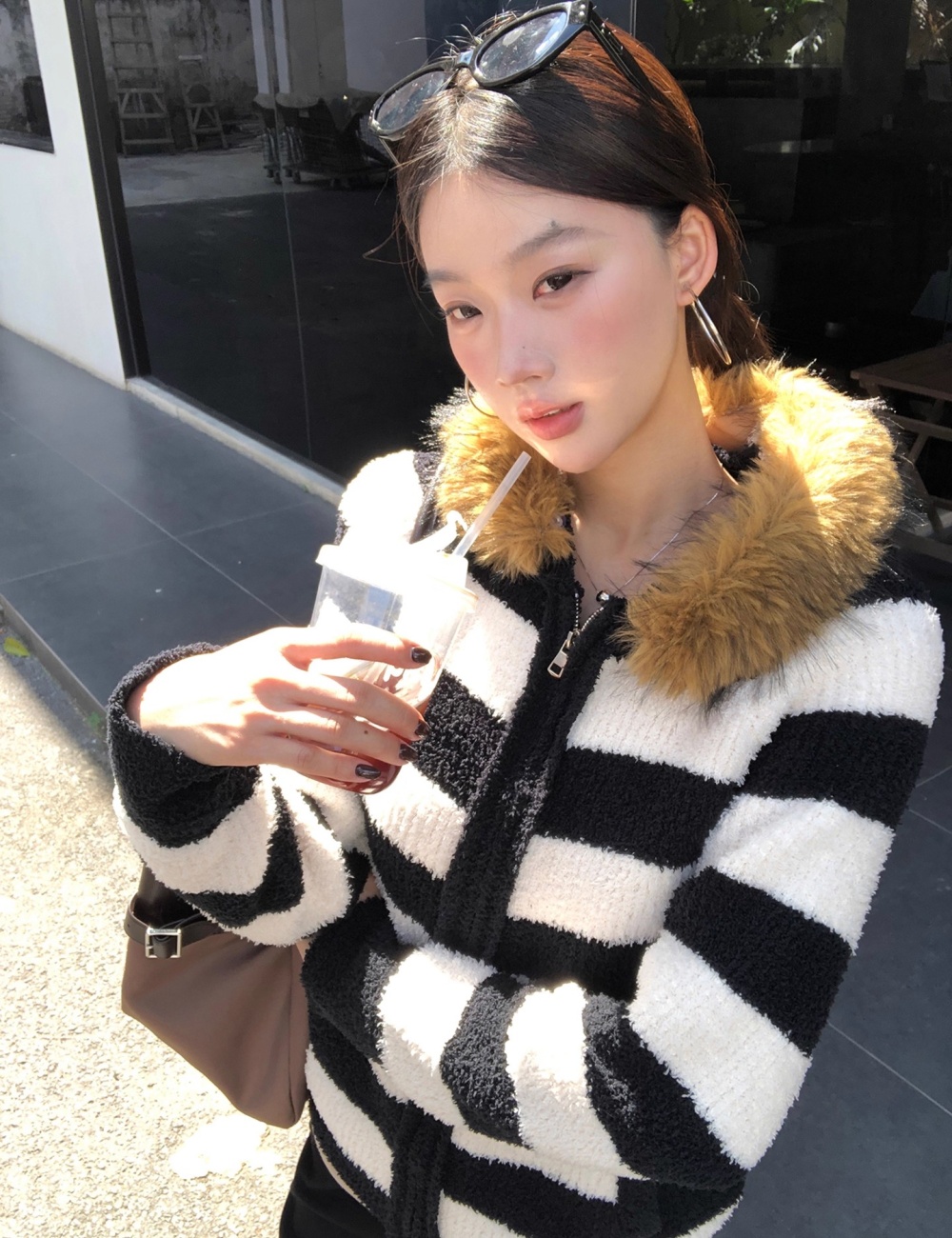 Winter hooded cardigan knitted stripe coat for women