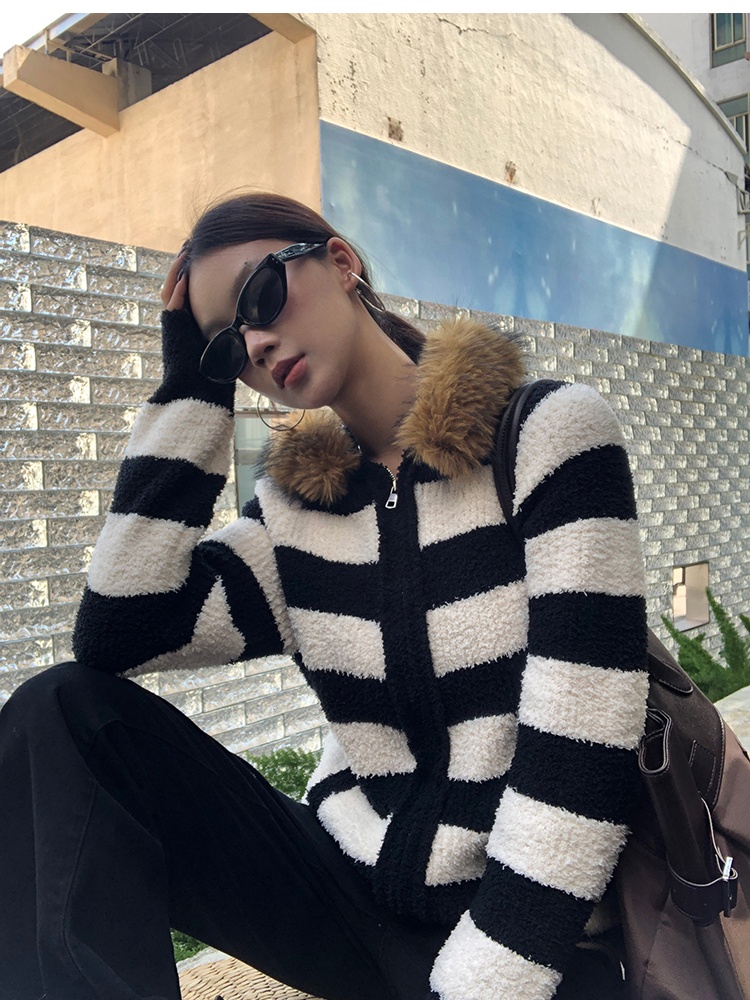 Winter hooded cardigan knitted stripe coat for women