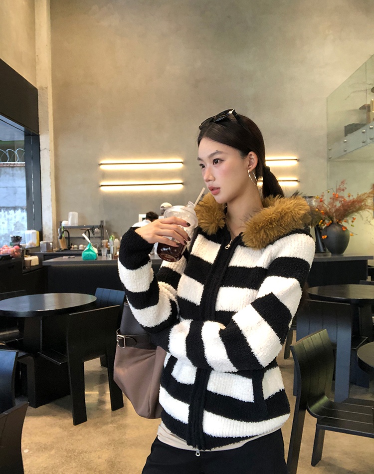 Winter hooded cardigan knitted stripe coat for women