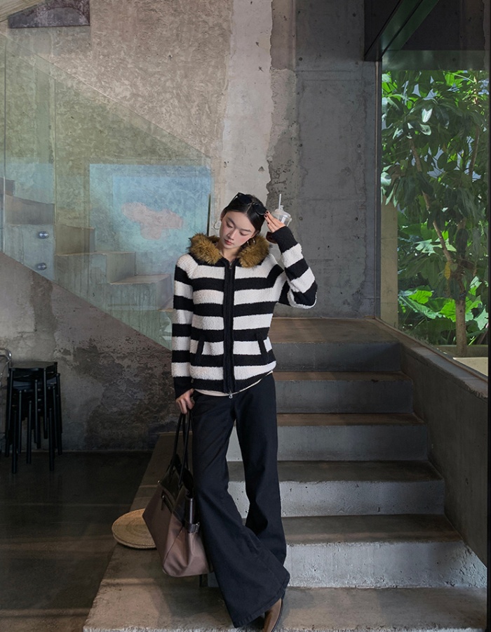 Winter hooded cardigan knitted stripe coat for women