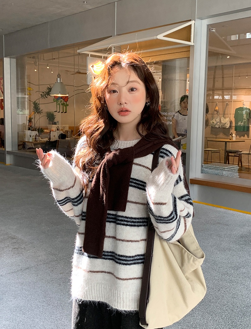 Winter knitted mixed colors sweater stripe lazy tops