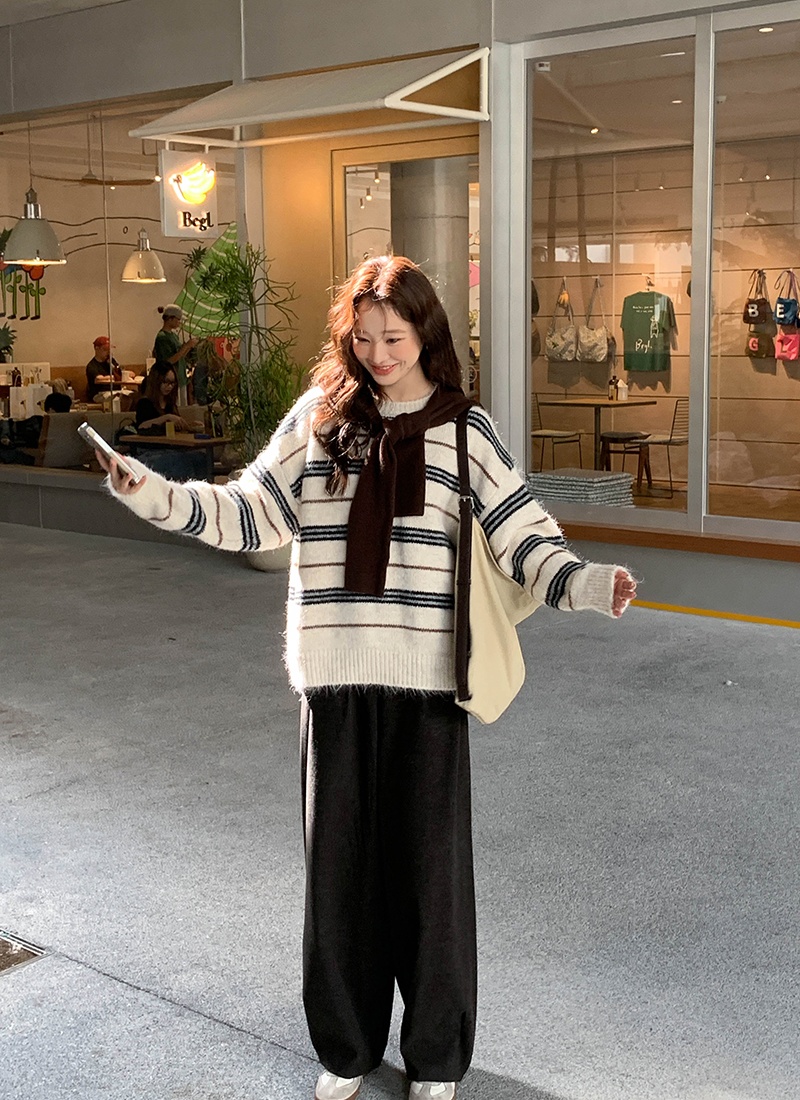 Winter knitted mixed colors sweater stripe lazy tops