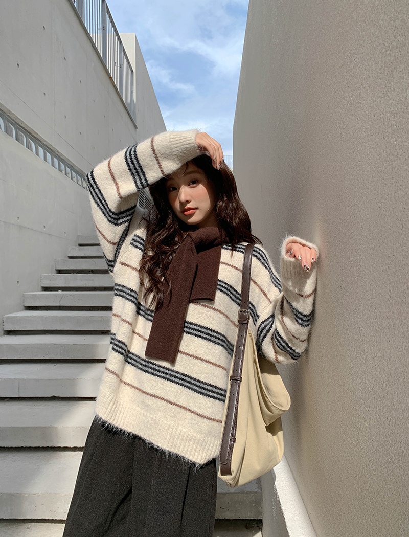 Winter knitted mixed colors sweater stripe lazy tops