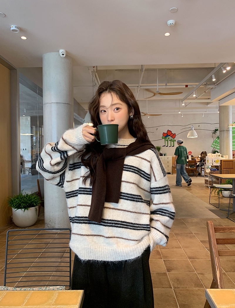 Winter knitted mixed colors sweater stripe lazy tops