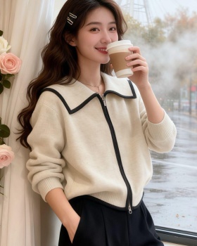 Double zip temperament tops navy collar sweater