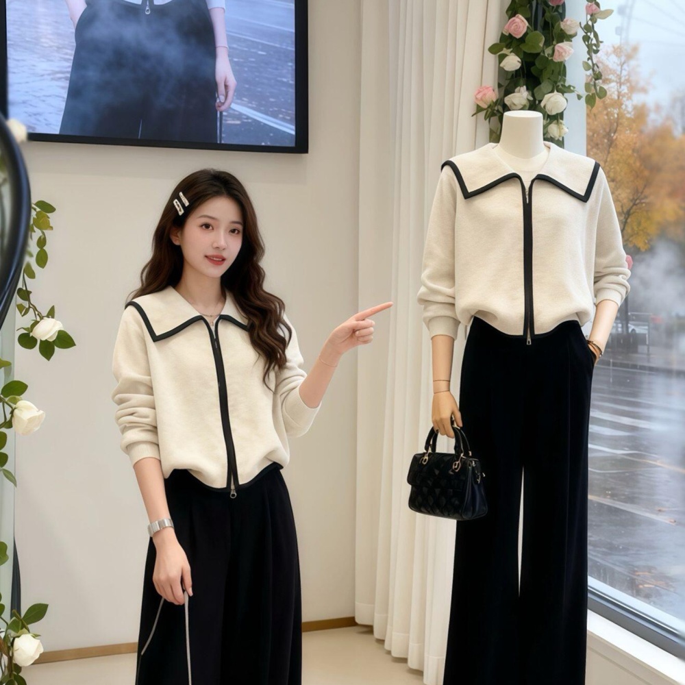 Double zip temperament tops navy collar sweater