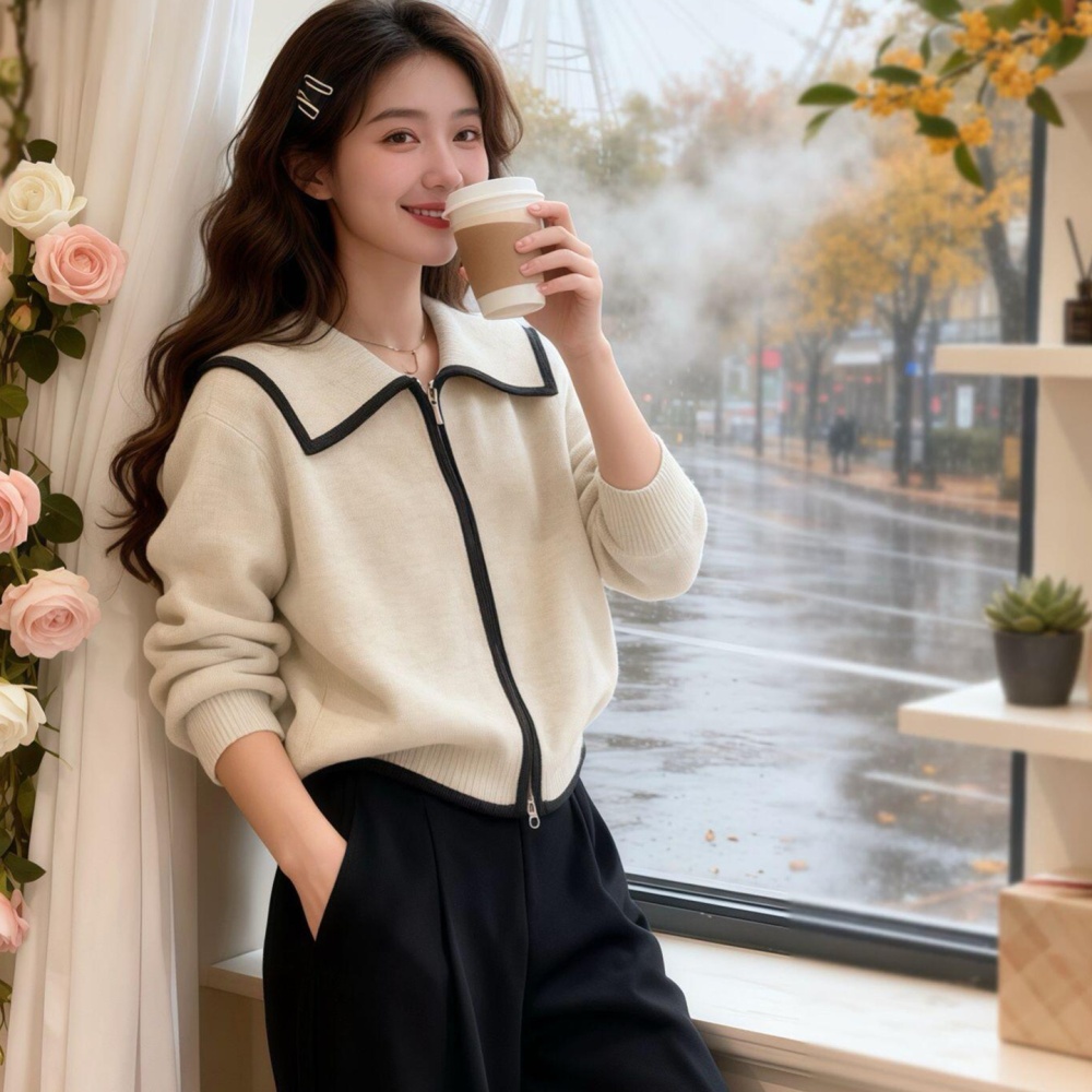 Double zip temperament tops navy collar sweater