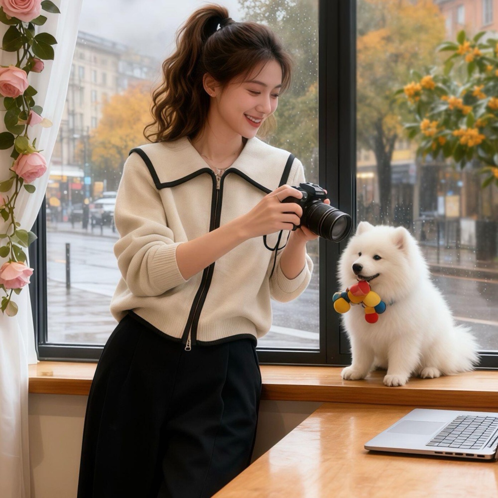 Double zip temperament tops navy collar sweater