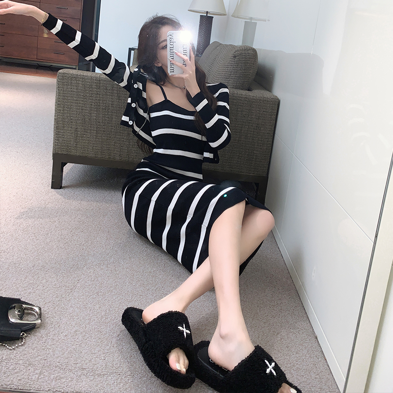 Stripe tops knitted dress 2pcs set for women