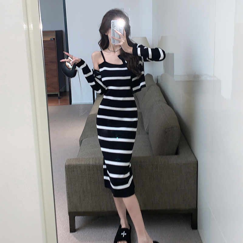 Stripe tops knitted dress 2pcs set for women