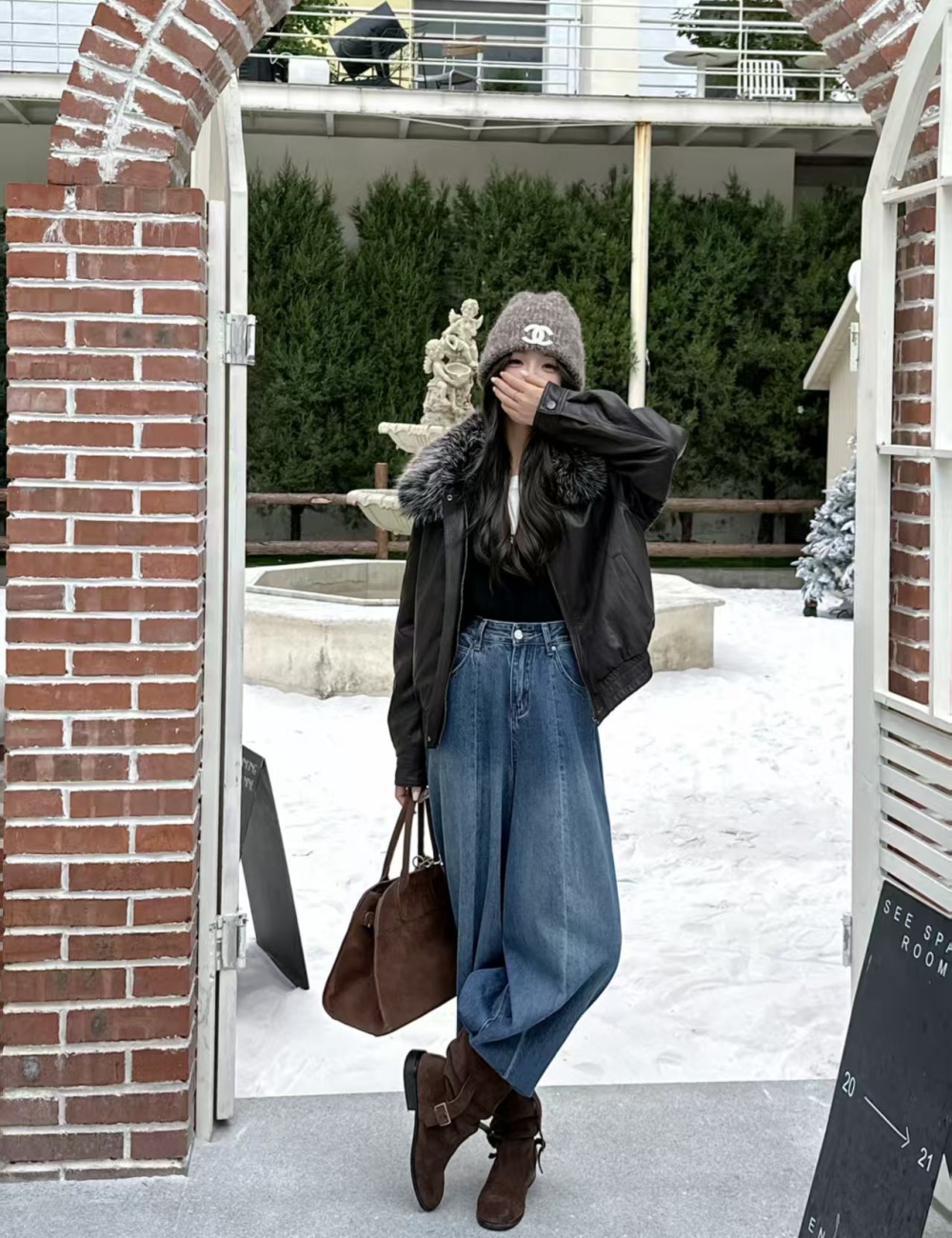 Retro removable leather coat street fur collar coat