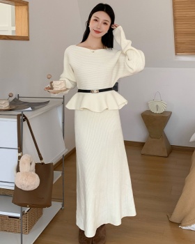 Flat shoulder tops knitted skirt 2pcs set for women