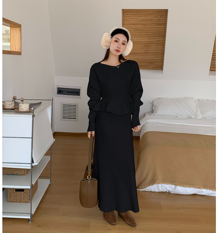 Flat shoulder tops knitted skirt 2pcs set for women