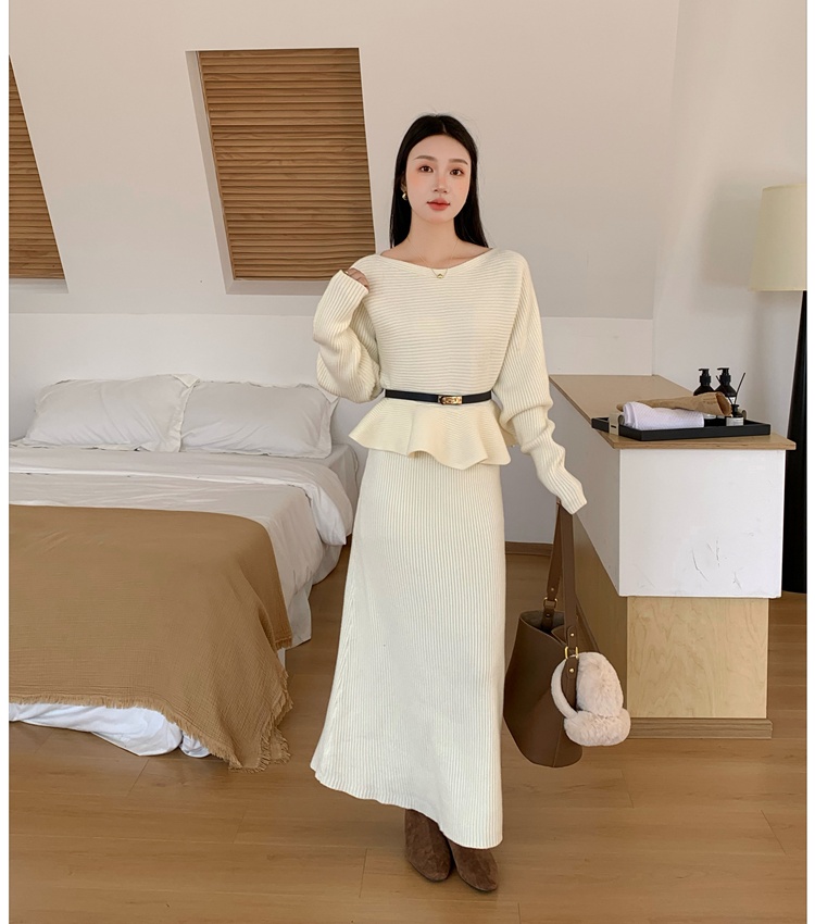 Flat shoulder tops knitted skirt 2pcs set for women