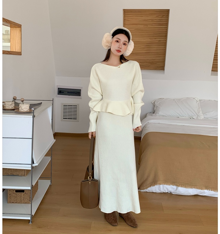 Flat shoulder tops knitted skirt 2pcs set for women