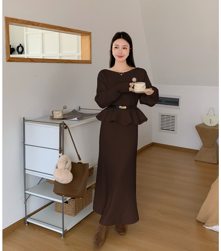 Flat shoulder tops knitted skirt 2pcs set for women