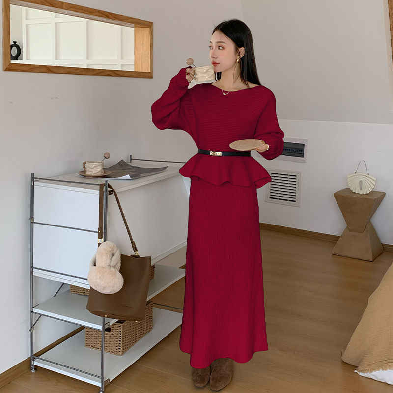 Flat shoulder tops knitted skirt 2pcs set for women