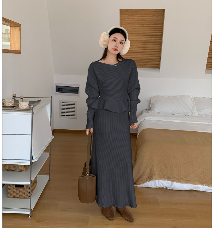 Flat shoulder tops knitted skirt 2pcs set for women