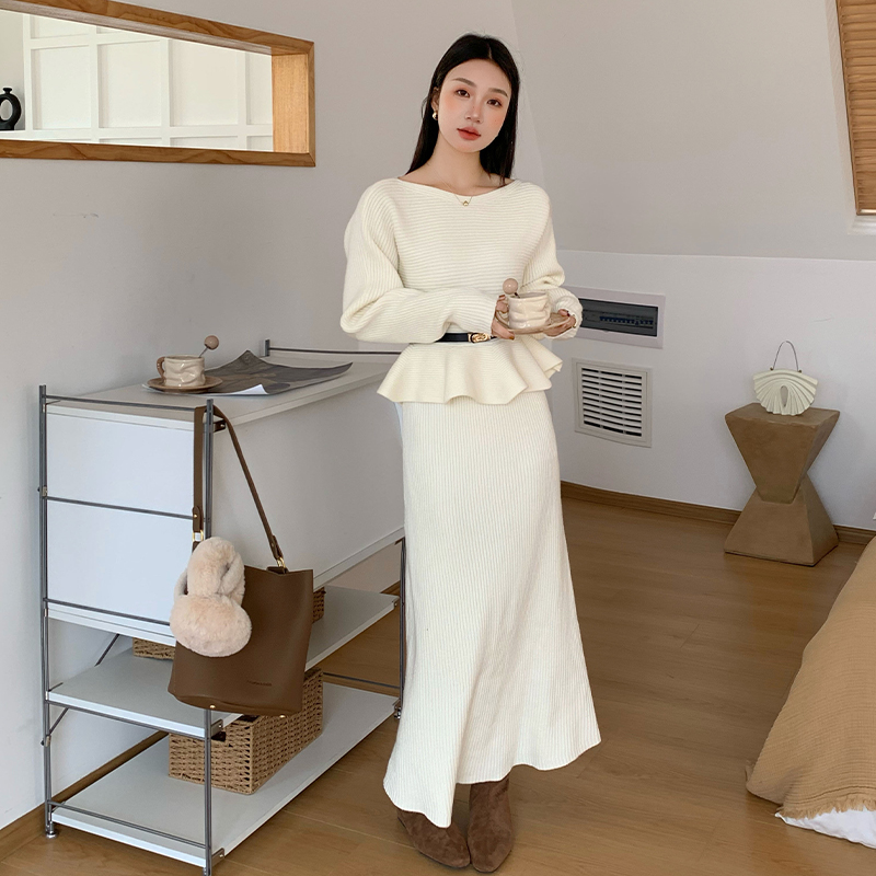 Flat shoulder tops knitted skirt 2pcs set for women