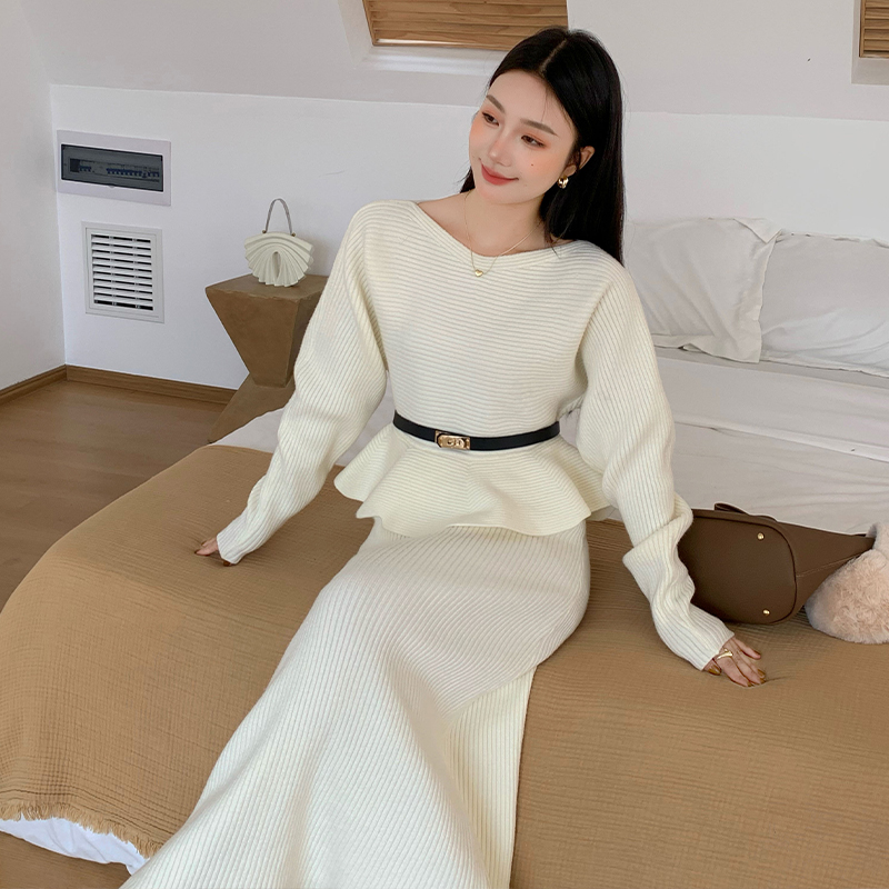 Flat shoulder tops knitted skirt 2pcs set for women