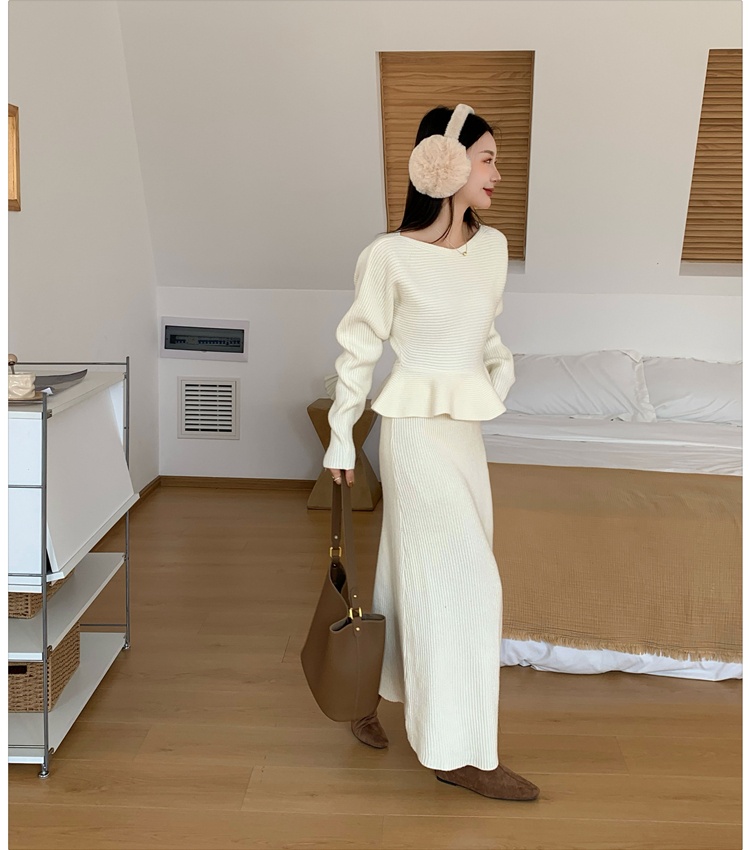 Flat shoulder tops knitted skirt 2pcs set for women