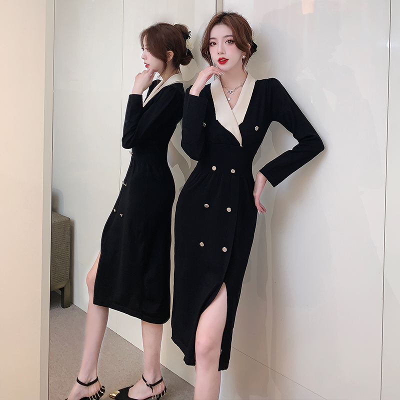 Knitted long V-neck temperament black slim dress