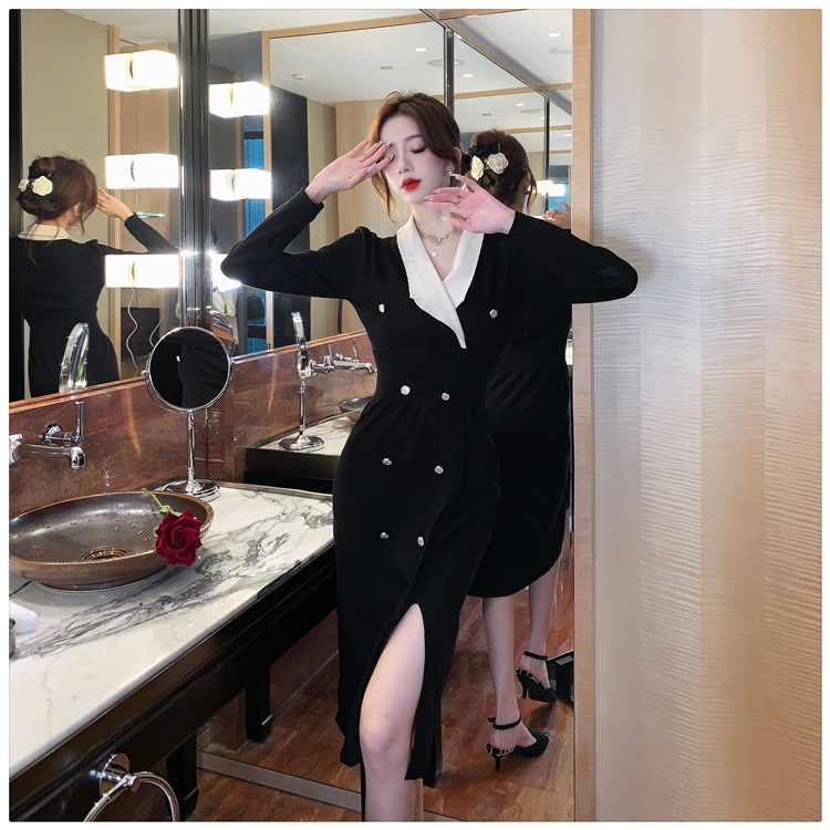 Knitted long V-neck temperament black slim dress