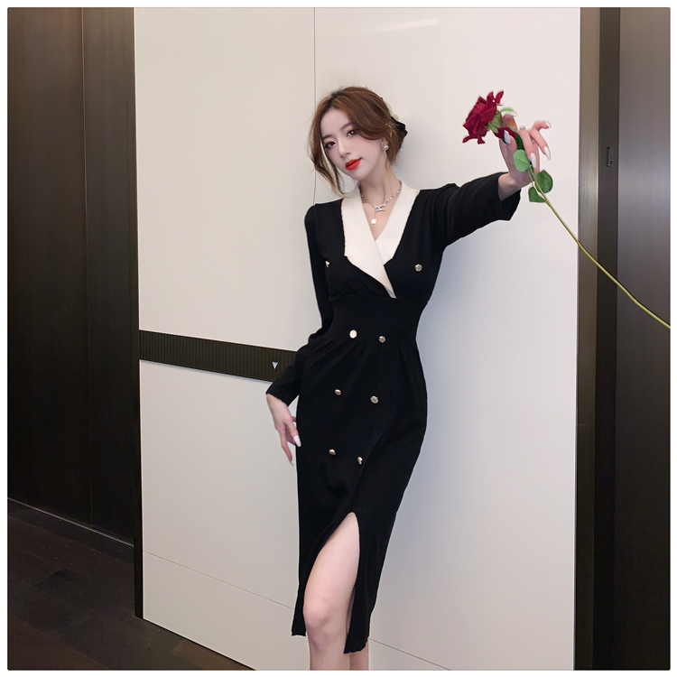 Knitted long V-neck temperament black slim dress