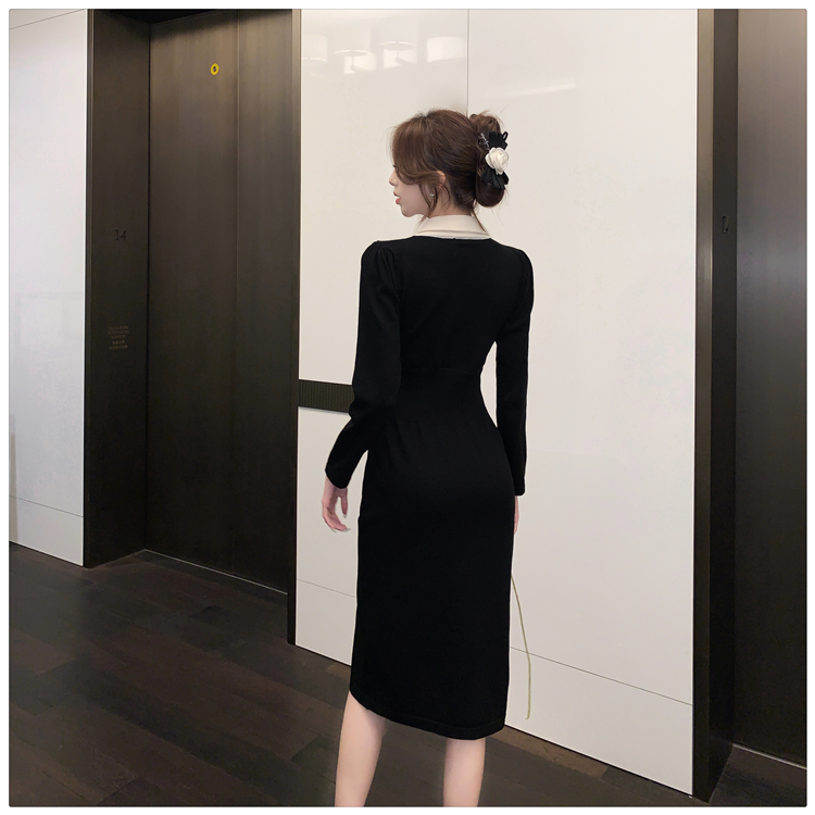 Knitted long V-neck temperament black slim dress