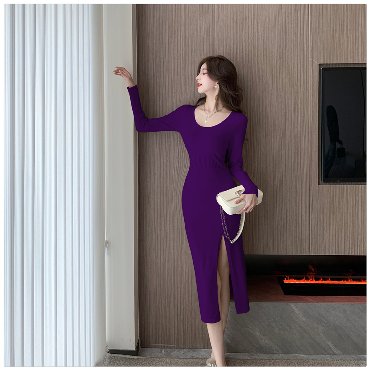 Square collar knitted split high waist long dress for women