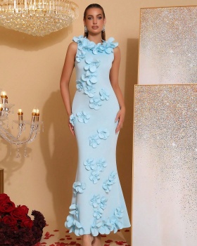 Sleeveless flowers long dress elegant stitching dress
