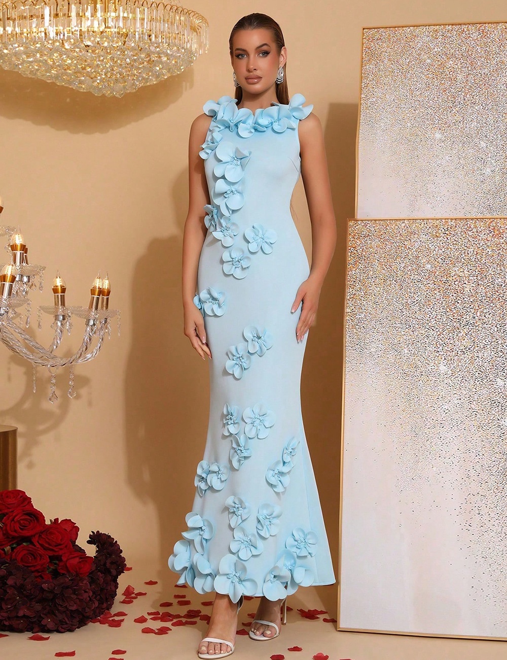 Sleeveless flowers long dress elegant stitching dress