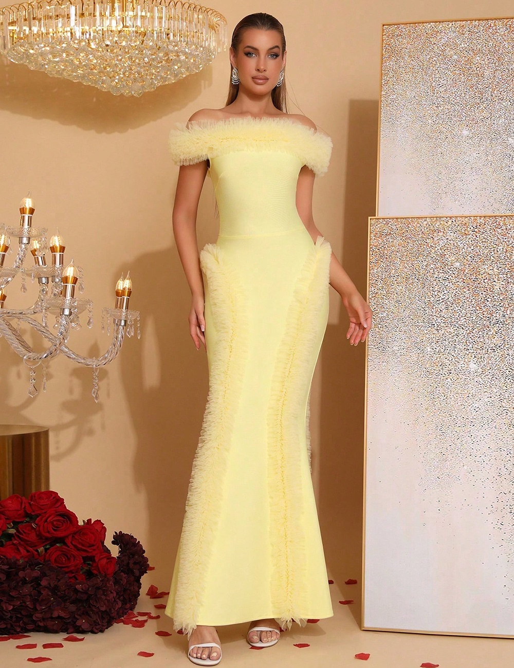 Frilly tight sexy dress party splice elegant long dress