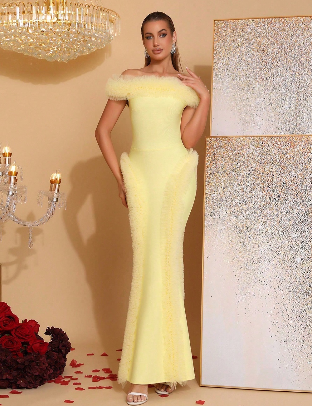 Frilly tight sexy dress party splice elegant long dress