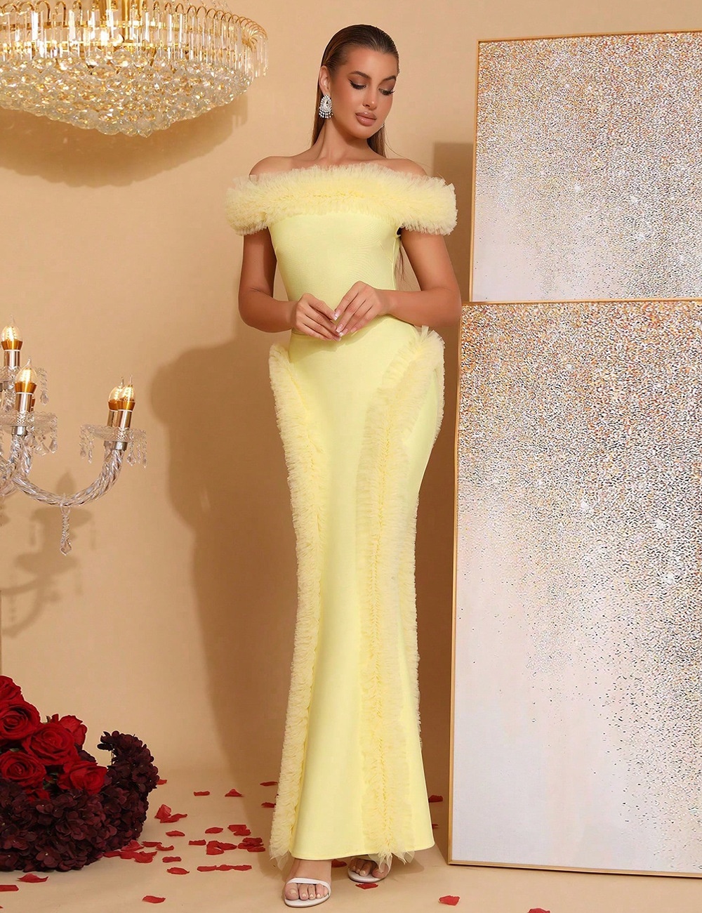 Frilly tight sexy dress party splice elegant long dress