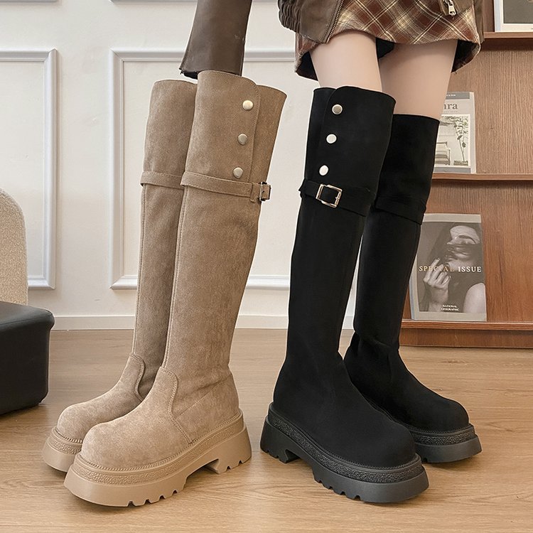 Casual broadcloth thick crust thigh boots lady belt buckle boots