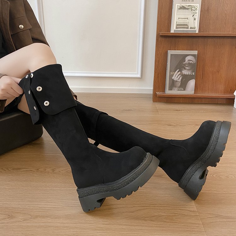 Casual broadcloth thick crust thigh boots lady belt buckle boots