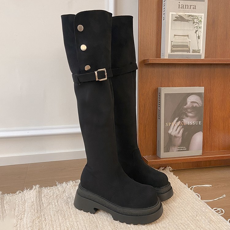 Casual broadcloth thick crust thigh boots lady belt buckle boots