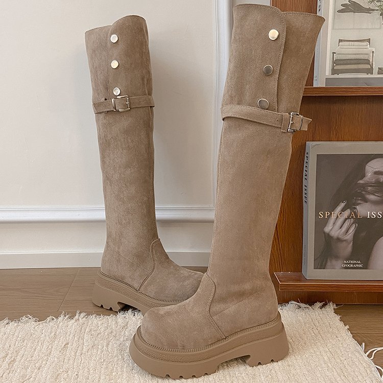 Casual broadcloth thick crust thigh boots lady belt buckle boots