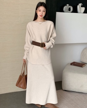 Pullover long skirt round neck sweater 2pcs set