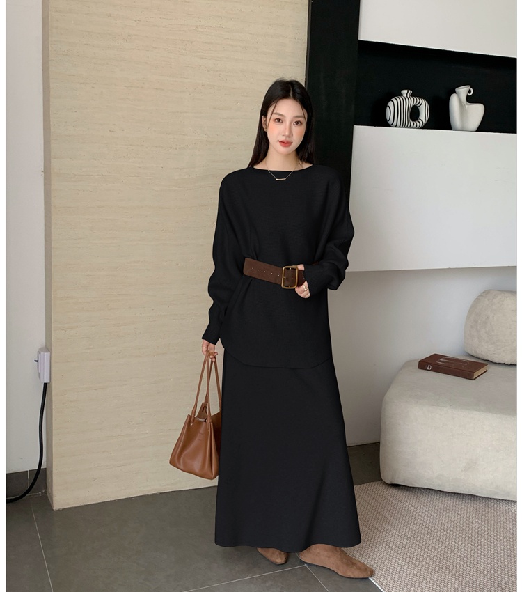 Pullover long skirt round neck sweater 2pcs set