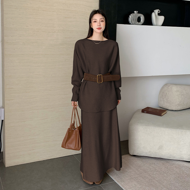 Pullover long skirt round neck sweater 2pcs set